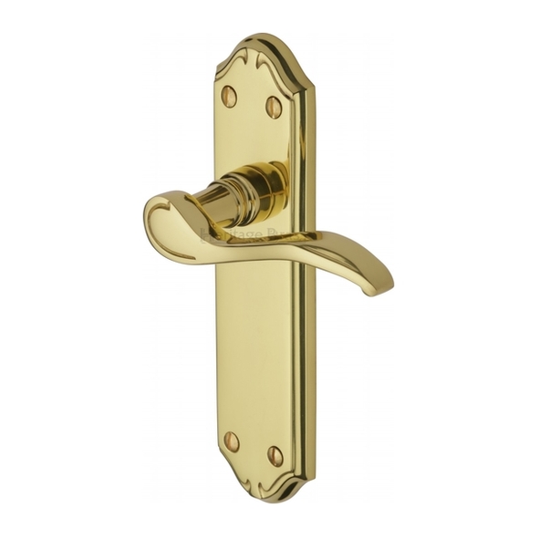 MM627-PB • Long Plate Latch • Polished Brass • Heritage Brass Verona Levers On Backplates