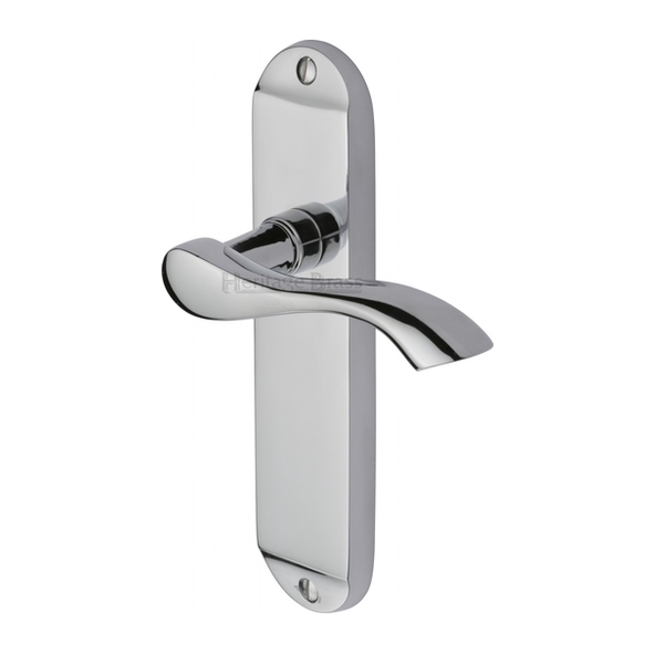 MM927-PC • Long Plate Latch • Polished Chrome • Heritage Brass Algarve Levers On Backplates