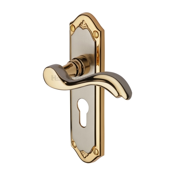 MM994.48-JP • Euro Cylinder [47.5mm] • Satin Nickel / Gold • Heritage Brass Lisboa Levers On Backplates
