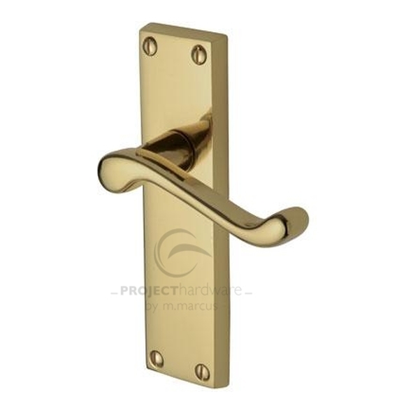 PR605-PB • Long Plate Latch • Polished Brass • Heritage Brass Malvern Economy Levers On Backplates