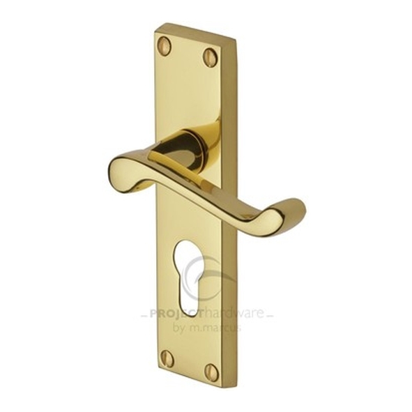 PR648-PB • Euro Cylinder [47.5mm] • Polished Brass • Heritage Brass Malvern Economy Levers On Backplates