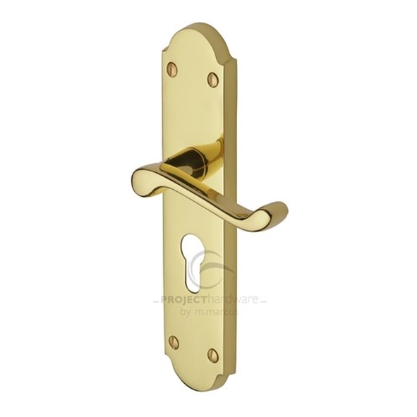 PR7048-PB • Euro Cylinder [47.5mm] • Polished Brass • Heritage Brass Kensington Economy Levers On Backplates