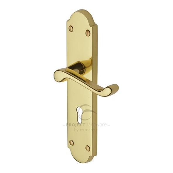 PR7084-PB • Long Plate Latch • Polished Brass • Heritage Brass Kensington Economy Levers On Backplates