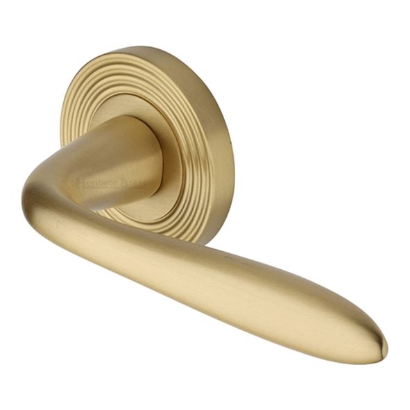 RR1752-SB  Satin Brass  Heritage Brass Sutton Reeded Lever Furniture on Round Rose