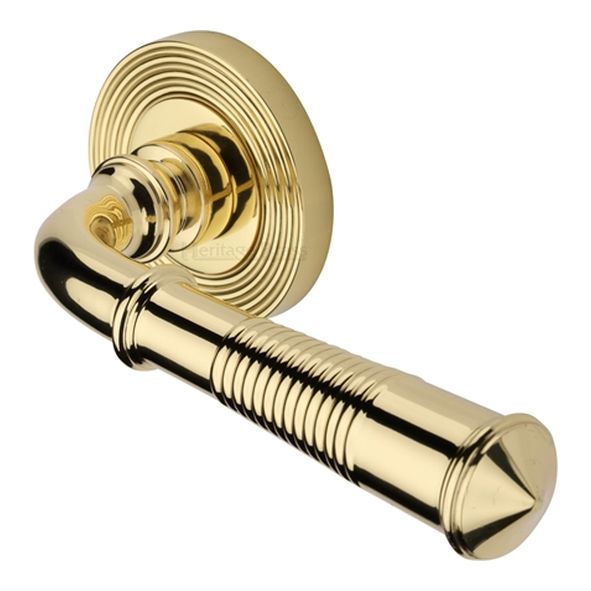 RR1935-PB • Polished Brass • Heritage Brass Bridgetown Reeded Lever Furniture on Round Rose