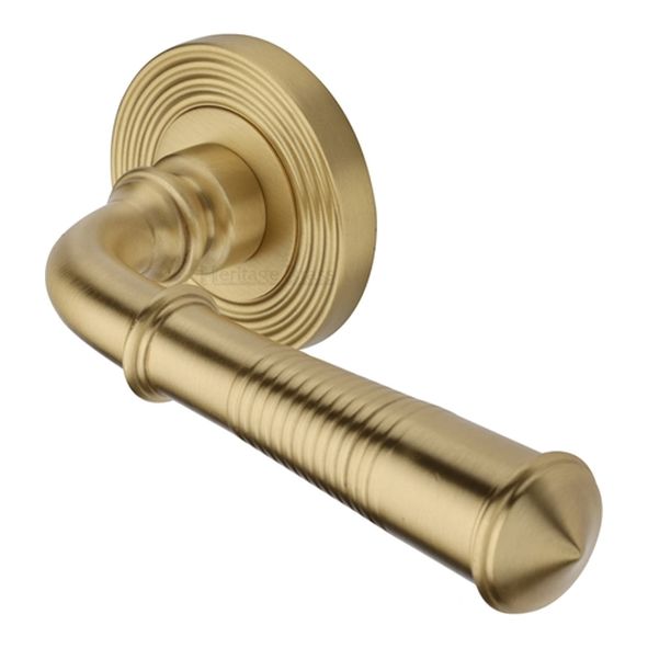 RR1935-SB  Satin Brass  Heritage Brass Bridgetown Reeded Lever Furniture on Round Rose