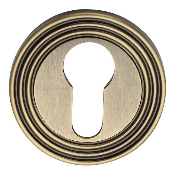 RR4020-AT • Antique Brass • Heritage Brass Reeded Euro Cyl Escutcheon