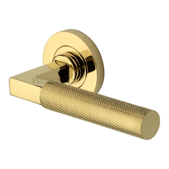 RS2260-PB • Polished Brass • Heritage Brass Signac Knurled Levers On Slim Round Roses
