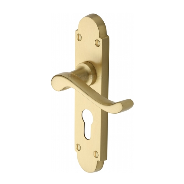 S607.48-SB • Euro Cylinder [47.5mm] • Satin Brass • Heritage Brass Savoy Levers On Backplates