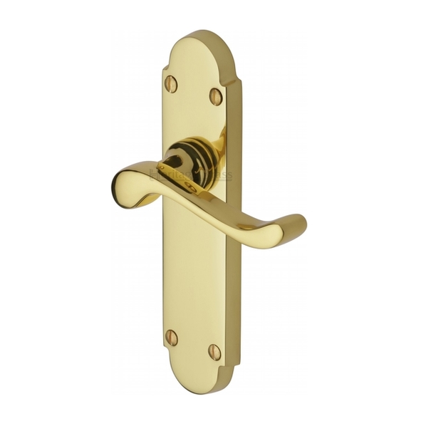 S610-PB • Long Plate Latch • Polished Brass • Heritage Brass Savoy Levers On Backplates