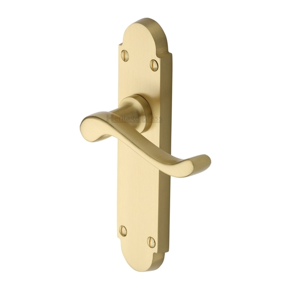 S610-SB • Long Plate Latch • Satin Brass • Heritage Brass Savoy Levers On Backplates