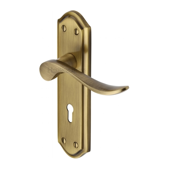 SAN1400-AT  Standard Lock [57mm]  Antique Brass  Heritage Brass Sandown Levers On Backplates