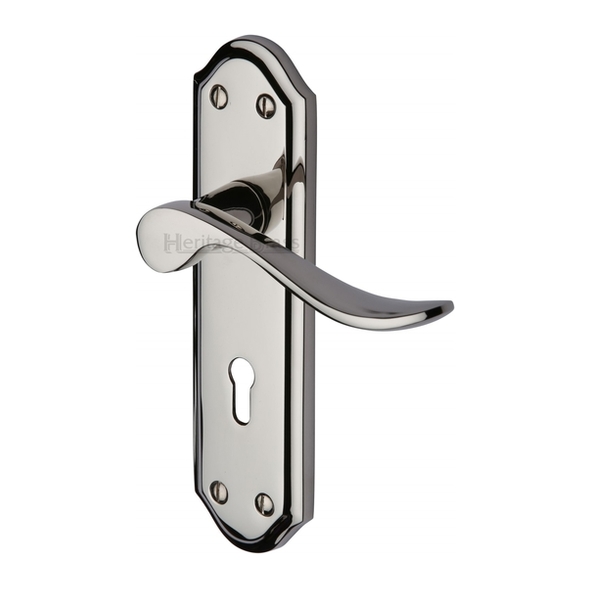 SAN1400-PNF  Standard Lock [57mm]  Polished Nickel  Heritage Brass Sandown Levers On Backplates