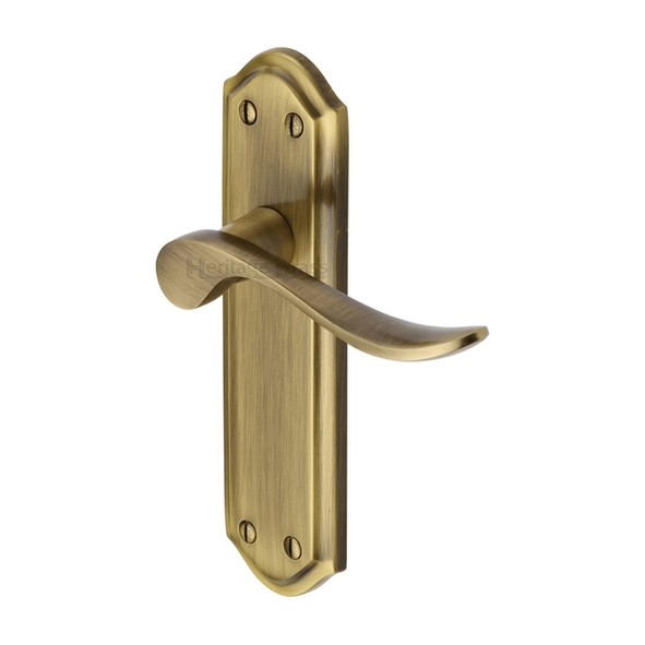 SAN1410-AT • Long Plate Latch • Antique Brass • Heritage Brass Sandown Levers On Backplates