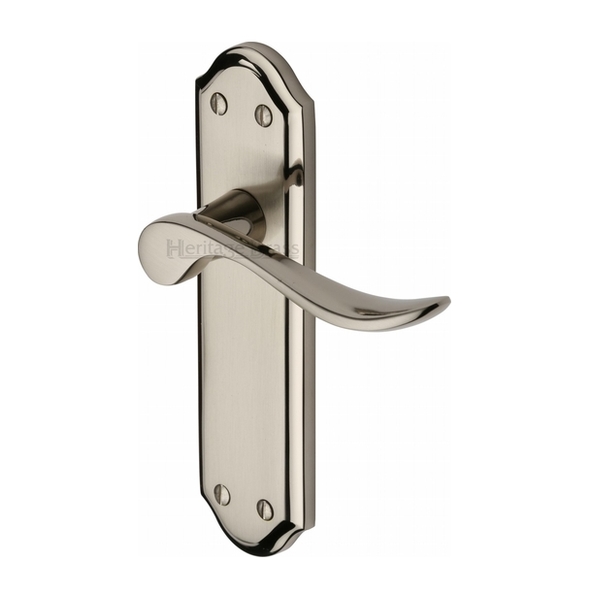 SAN1410-MC  Long Plate Latch  Satin / Polished Nickel  Heritage Brass Sandown Levers On Backplates