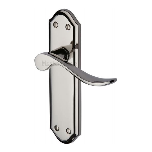 SAN1410-PNF  Long Plate Latch  Polished Nickel  Heritage Brass Sandown Levers On Backplates