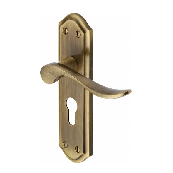 SAN1448-AT • Euro Cylinder [47.5mm] • Antique Brass • Heritage Brass Sandown Levers On Backplates