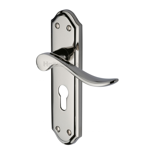 SAN1448-PNF  Euro Cylinder [47.5mm]  Polished Nickel  Heritage Brass Sandown Levers On Backplates