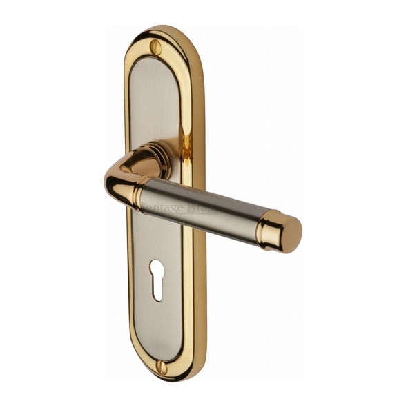 SAT1000-JP  Standard Lock [57mm]  Satin Nickel / Gold  Heritage Brass Saturn Levers On Backplates