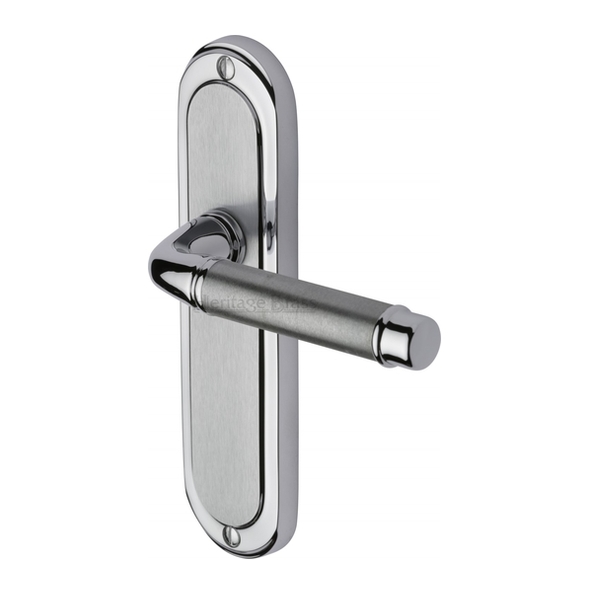 SAT1010-AP • Long Plate Latch • Satin / Polished Chrome • Heritage Brass Saturn Levers On Backplates