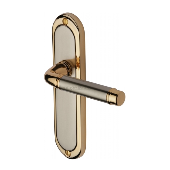 SAT1010-JP  Long Plate Latch  Satin Nickel / Gold  Heritage Brass Saturn Levers On Backplates