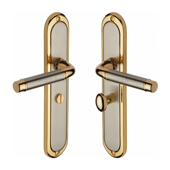 SAT2030-JP • Bathroom [57mm] • Satin Nickel / Gold • Heritage Brass Saturn Levers On Long Backplates