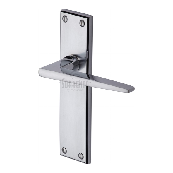 SC-3410-AP • Long Plate Latch • Satin / Pol Chrome • Sorrento Swift Levers On Backplates