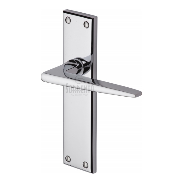 SC-3410-PC • Long Plate Latch • Polished Chrome • Sorrento Swift Levers On Backplates