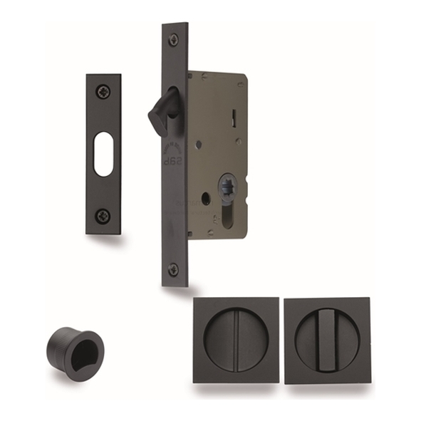 SQ2308-40-BLK • For 35 to 52mm Door • Matt Black • Sliding Bathroom Lock Set With Square Fittings