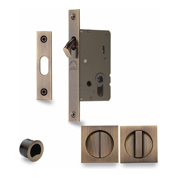 SQ2308-50-AT  50mm Backset For 35 to 52mm Door  Antique Brass  Heritage Brass Sliding Bathroom Lock Set With Square Fittings