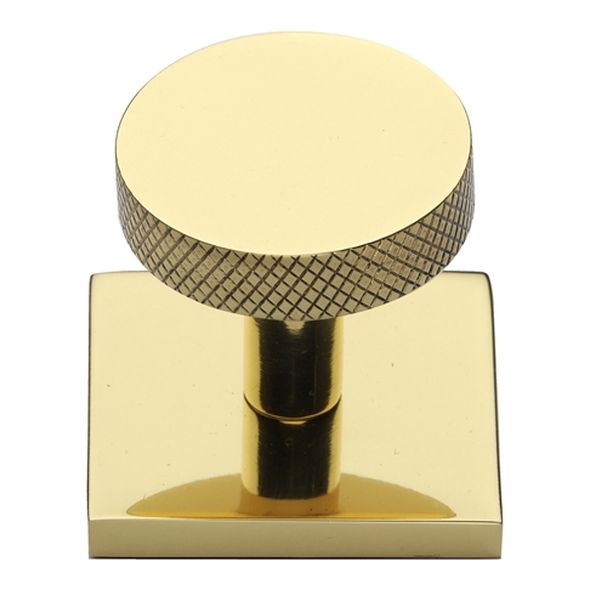 SQ3884-PB  32 x 38 x 33mm  Polished Brass  Heritage Brass Knurled Disc Cabinet Knob On Square Backplate