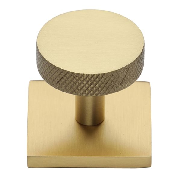 SQ3884-SB  32 x 38 x 33mm  Satin Brass  Heritage Brass Knurled Disc Cabinet Knob On Square Backplate