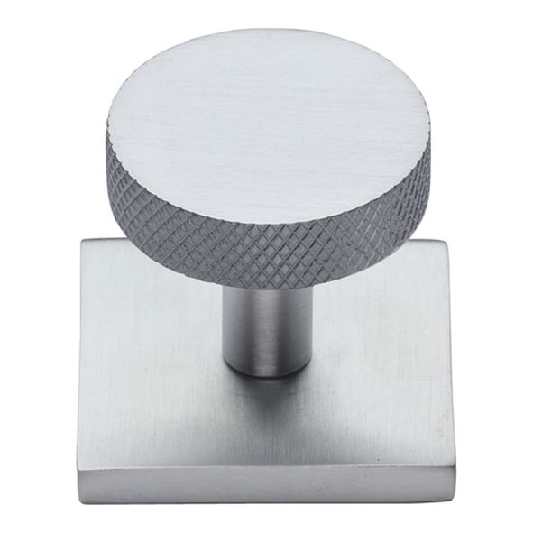 SQ3884-SC • 32 x 38 x 33mm • Satin Chrome • Heritage Brass Knurled Disc Cabinet Knob On Square Backplate