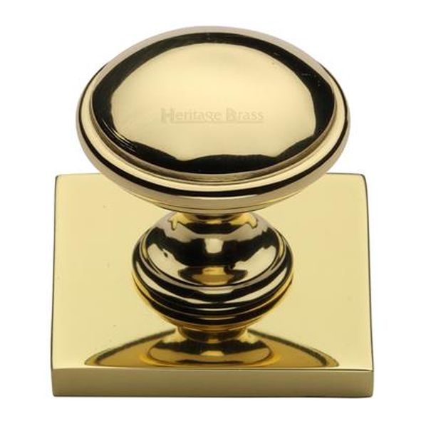 SQ3950-PB • 32 x 38 x 34mm • Polished Brass • Heritage Brass Domed Cabinet Knob On Square Backplate