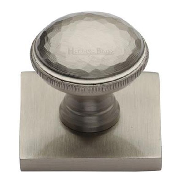 SQ4545-SN • 31 x 38 x 32mm • Satin Nickel • Heritage Brass Diamond Cut Cabinet Knob On Square Backplate