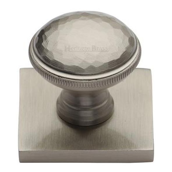 SQ4545-SN  31 x 38 x 32mm  Satin Nickel  Heritage Brass Diamond Cut Cabinet Knob On Square Backplate