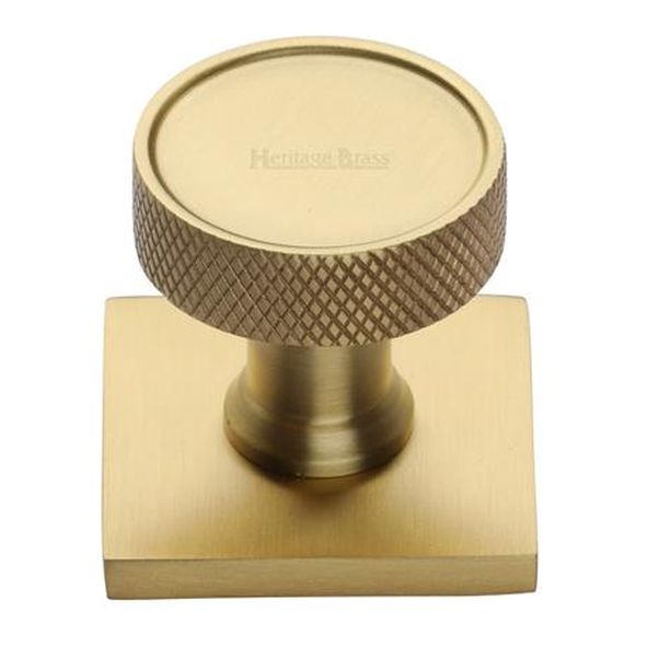 SQ4648-SB • 32 x 38 x 33mm • Satin Brass • Heritage Brass Florence Knurled Cabinet Knob On Square Backplate