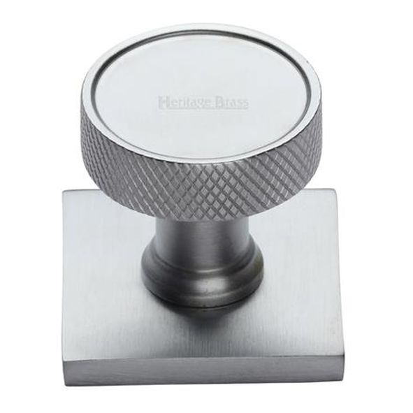 SQ4648-SC  32 x 38 x 33mm  Satin Chrome  Heritage Brass Florence Knurled Cabinet Knob On Square Backplate