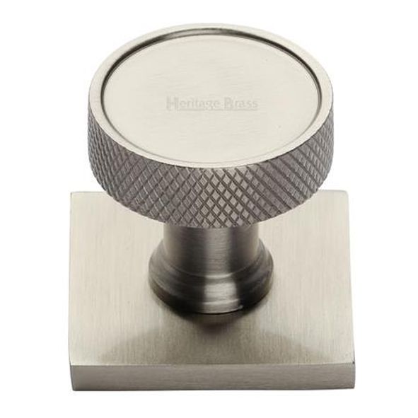 SQ4648-SN  32 x 38 x 33mm  Satin Nickel  Heritage Brass Florence Knurled Cabinet Knob On Square Backplate