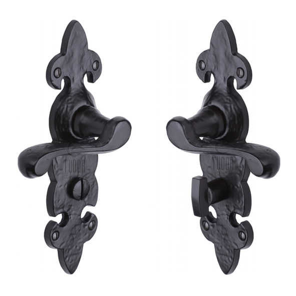 TC220 • Bathroom [57mm] • Antique Black Iron • Heritage Brass Fleur De Lys Levers On Backplates