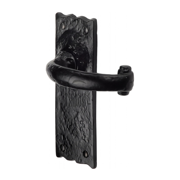 TC310 • Short Plate Latch • Antique Black Iron • Heritage Brass Colonial Levers On Backplates