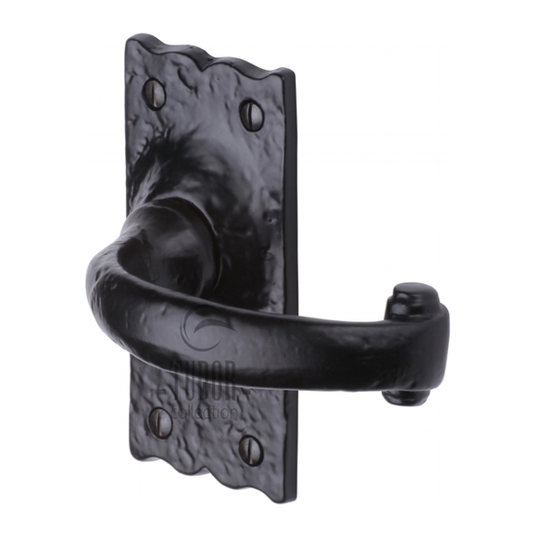 TC315 • Long Plate Latch • Antique Black Iron • Heritage Brass Colonial Levers On Backplates