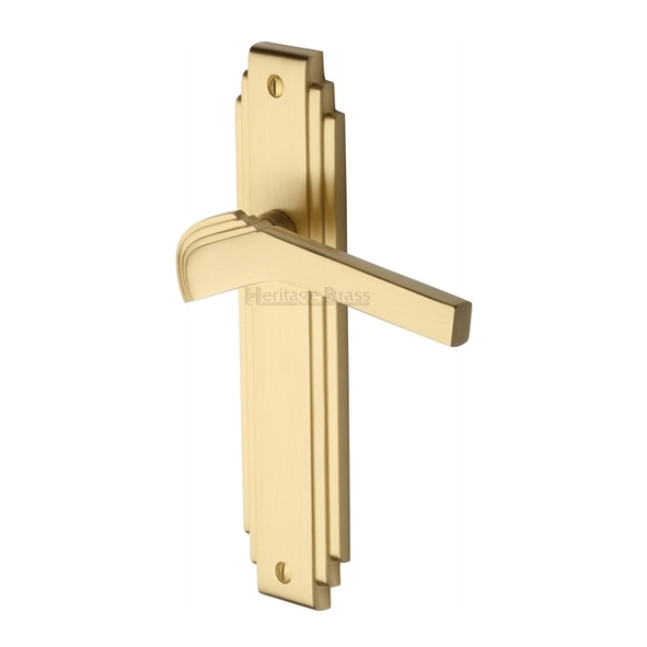 TIF5210-SB  Long Plate Latch  Satin Brass  Heritage Brass Tiffany Art Deco Levers On Backplates