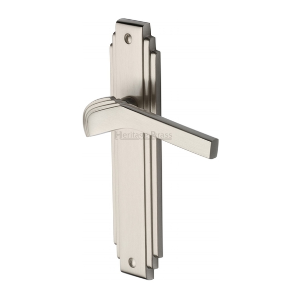 TIF5210-SN • Long Plate Latch • Satin Nickel • Heritage Brass Tiffany Art Deco Levers On Backplates