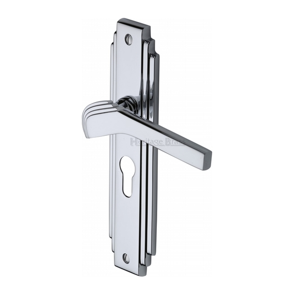 TIF5248-PC • Euro Cylinder [47.5mm] • Polished Chrome • Heritage Brass Tiffany Art Deco Levers On Backplates