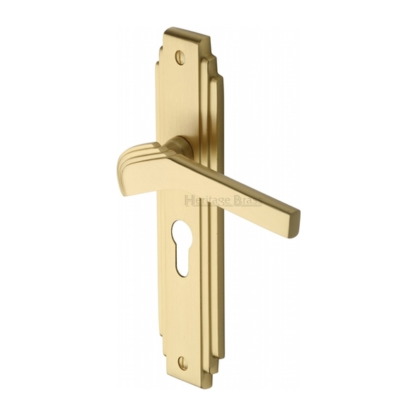 TIF5248-SB  Euro Cylinder [47.5mm]  Satin Brass  Heritage Brass Tiffany Art Deco Levers On Backplates
