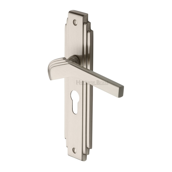 TIF5248-SN  Euro Cylinder [47.5mm]  Satin Nickel  Heritage Brass Tiffany Art Deco Levers On Backplates