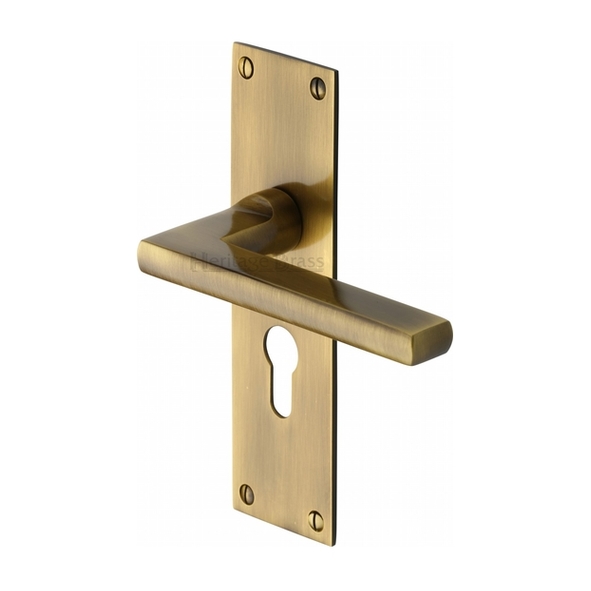TRI1348-AT • Euro Cylinder [47.5mm] • Antique Brass • Heritage Brass Trident Levers On Backplates