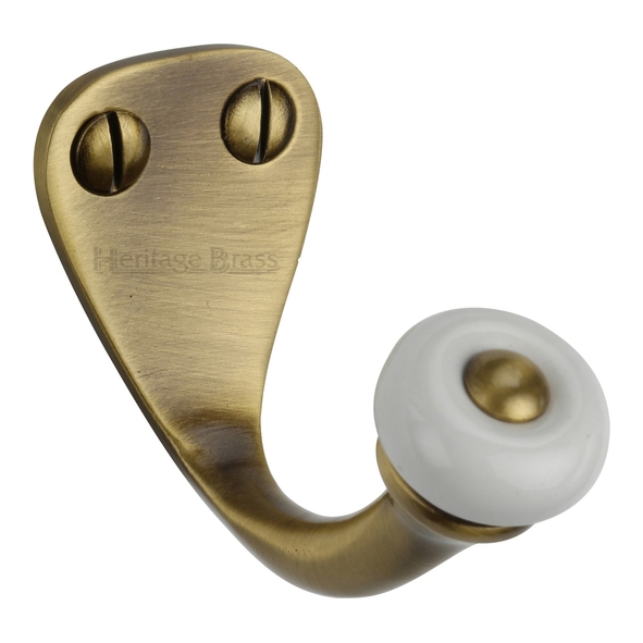 V1044-AT • Antique Brass • Heritage Brass Traditional Single Robe Hook With Ceramic End