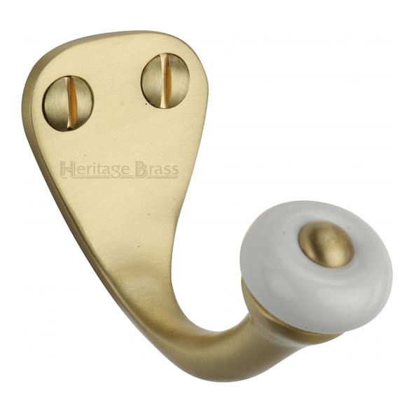 V1044-SB • Satin Brass • Heritage Brass Traditional Single Robe Hook With Ceramic End